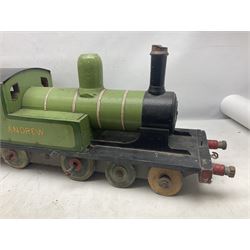 1960s scratch-built green, black and red painted wooden model of a 4-6-0 tank locomotive 'Andrew' No.7365 L88cm; and an unused wall mounting die-cast model display cabinet with glass door and shelves 52 x 40cm (2)