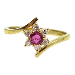  Gold ruby and diamond cluster ring, hallmarked 18ct  