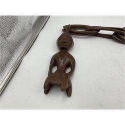 African carved wooden marriage/wedding chain, together with three carved figures, largest H44cm