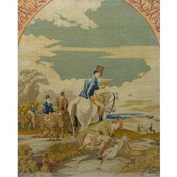 Victorian needlework depicting a hunting party, the central figure holding a hawk, 75cm x 60cm 