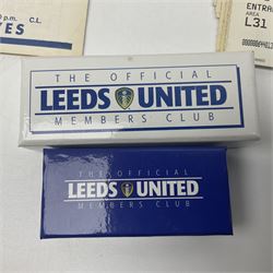 Leeds United football club - football association challenge cup competition final Saturday 11th April 1970 Chelsea vs Leeds United at Wembley programme, football association charity shield Saturday 10th August 1974 Leeds United vs Liverpool programme, various supporters pin badges, scarf for the league 1 playoff final Wembley stadium 25th May 2008, Danbury Mint 'Great Moments in the History of Leeds United' leather bound collectors edition, various used home game tickets etc