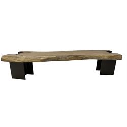 Raw edge shaped oak plank bench or side table on steel RSJ supports