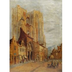 J Wood (19th/20th century): Street Scene before a Cathedral 'Belgium', oil on canvas signed and titled verso 60cm x 44cm