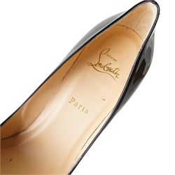 Christian Louboutin - black patent leather high-heeled stiletto court shoes, with pointed toes, stiletto heels and signature red lacquered soles, size 40, with original box and red dust bag