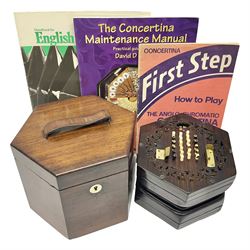 Wheatstone hexagonal 48-button concertina c1843 with four-fold bellows; boxed; and three music/maintenance books