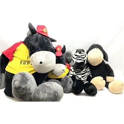 Four large Nici plush toys, comprising of two 'I love Ferrari' horses, with baseball hats, zebra and a black sheep, largest example H115cm 
