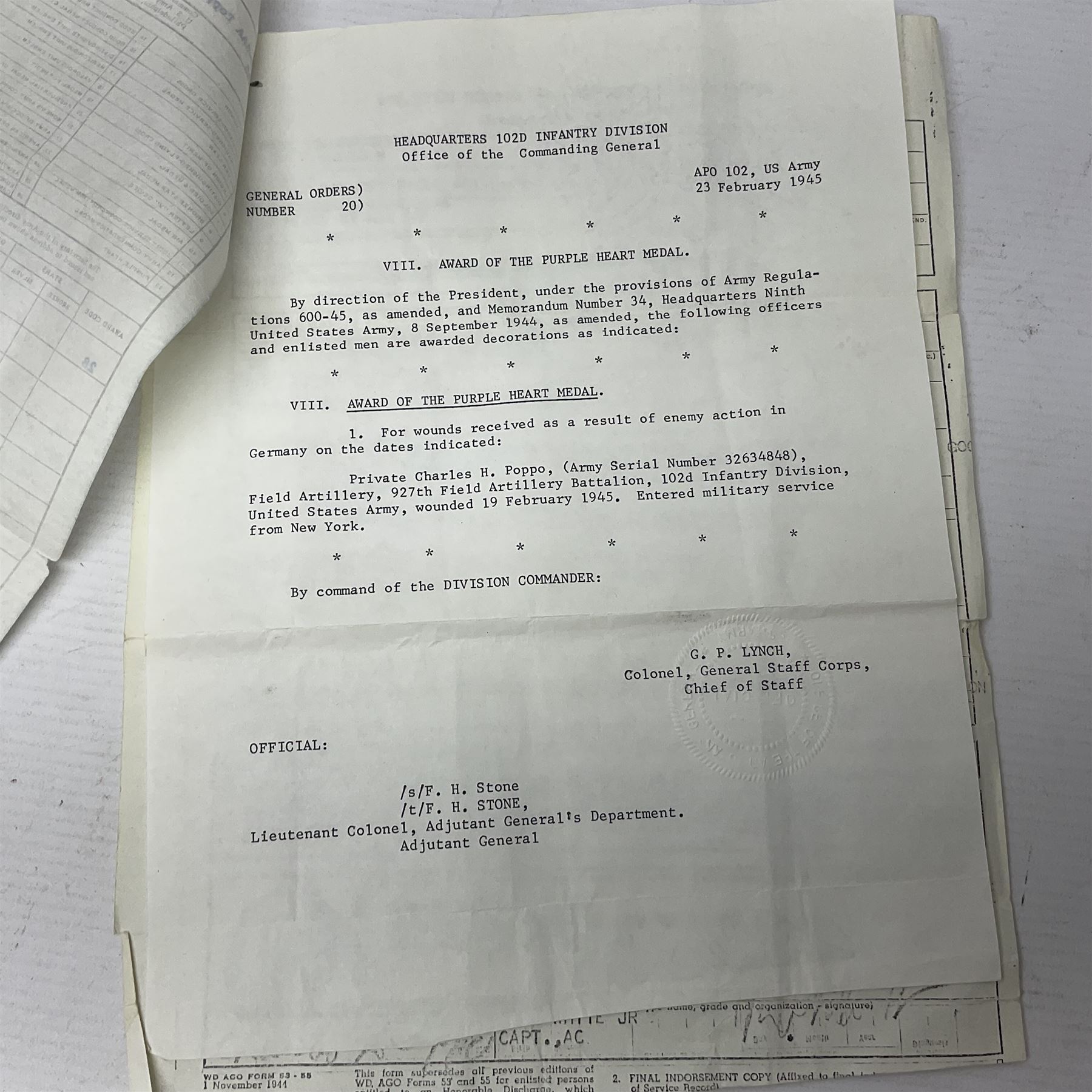 American Purple Heart Medal awarded to 32634848 Charles H. Poppo; cased with identity tags and paperwork; and Bronze Star Medal awarded to U.S. Marine Esteban T. Maranao; cased; American WWII Victory Medal and Asiatic Pacific Campaign Medal