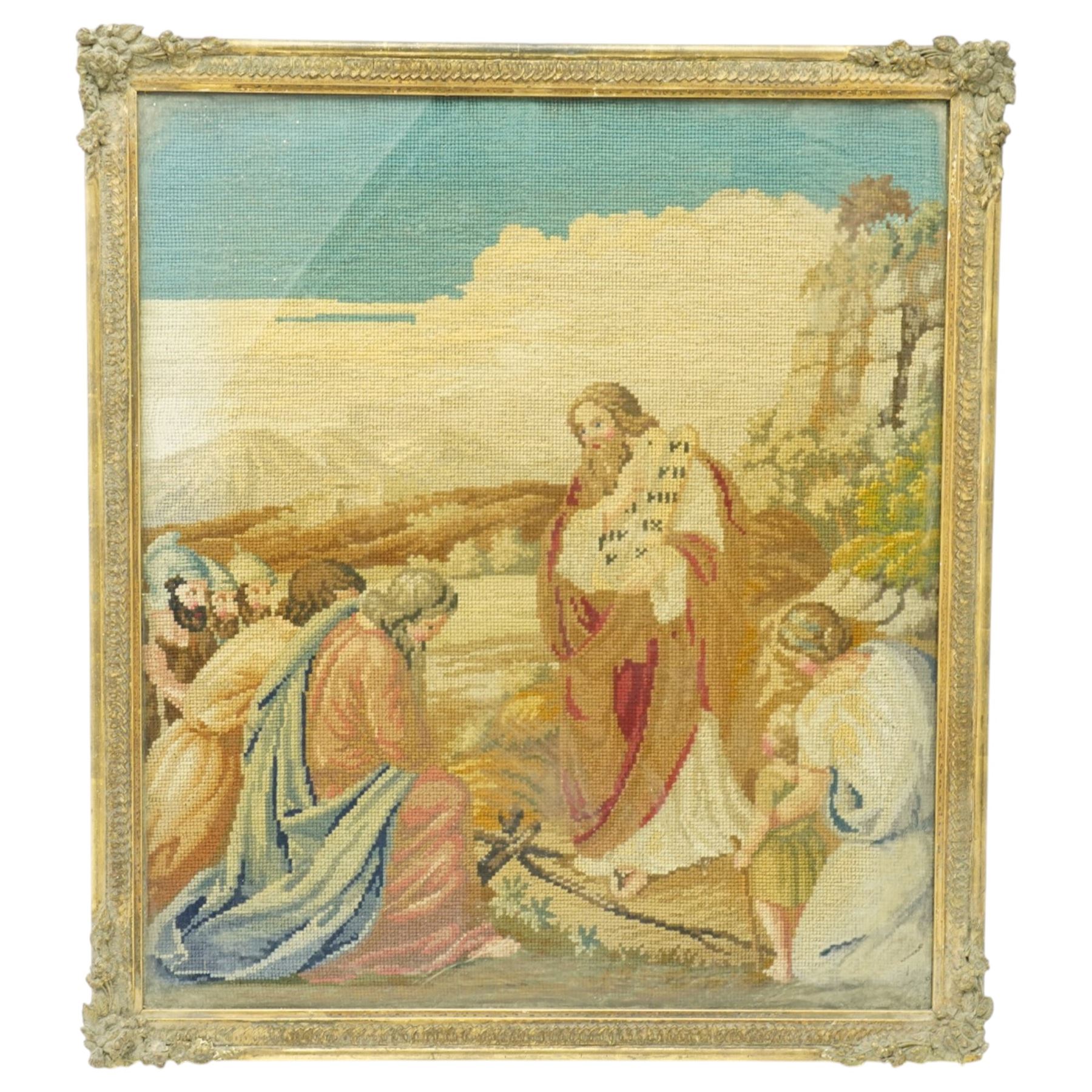 Set of five Victorian petit point needlework samplers, depicting various religious and continental scenes, framed, largest including frame 63cm x 56cm (5)
