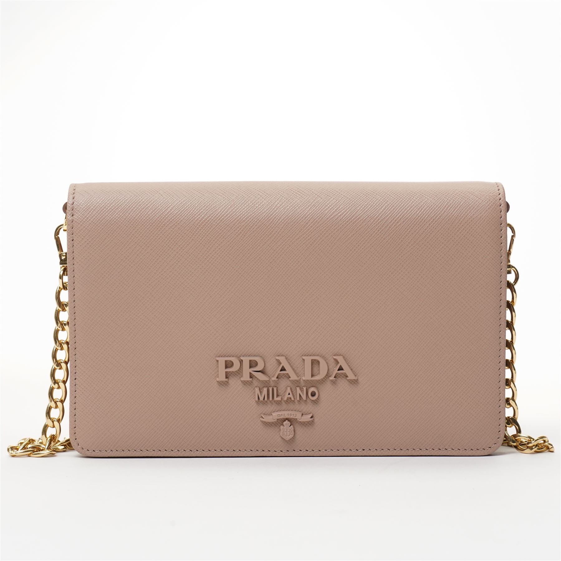 Prada - Saffiano Leather Mini Crossbody Bag, in structured nude-pink leather with detachable gold-tone chain shoulder or crossbody strap and hardware, Prada Milano raised logo, with crimson leather interior, unused with original dust bag