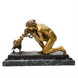 Sophie Debry (19th/20th century); 'Le Combat de Coqs' or The Cockfight, gilt bronze figural group of boy and two cockerels, signed and dated 1920, mounted on marble plinth, H28cm x W44cm