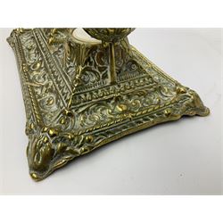 Brass ornate twin desktop inkwell, with ceramic inner inkwells, and another circular inkwell with foliate design, largest L26cm