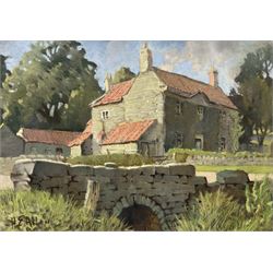 Harry Epworth Allen (Northern British 1894-1958): Stone Farmhouse with Bridge in the Foreground, gouache and pastel signed 23cm x 34cm