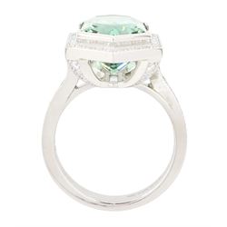 Platinum African Paraiba tourmaline and diamond ring by Scarab London, single fancy double bullet cut tourmaline of approx 8.37 carat, with round brilliant cut diamond surround and diamond set shoulders, London 2023, total diamond weight approx 1.05 carat, with Alan Poultney Gems report