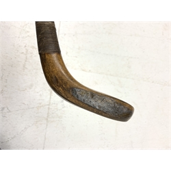 Golf - 19th century long nosed club, the beech head marked F.H. Ayres with horn sole plate, inset lead weight and grooved face, hardwood shaft marked F.H. Ayres with suede leather grip, L96cm  