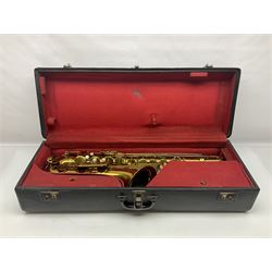 Mid-20th century French Henri Selmer Mark VI tenor saxophone, serial no.M.70644 for 1957, various French, English and American patent numbers, crudely stamped J.A.Brown twice to thumb rest; in fitted hard case with crook and other accessories including two Berg Larsen mouthpieces, reed cutter etc