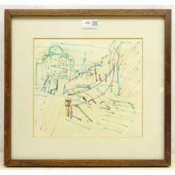  Frank Auerbach (British/German 1931-): 'Sketch for Camden Theatre', coloured inks unsigned, original title labels verso 24.7cm x 27.3cm  Provenance: from the collection of the late Brian Hill of Bridlington, purchased by Brian Hill from Marlborough Fine Art London 'Drawing in Action' (touring exhibition Ferens Art Gallery Hull 1978), subsequently loaned to the Arts Council Exhibitions - Belfast, Liverpool, Aberdeen and Rochdale information letters included    DDS - Artist's resale rights may apply to this lot  