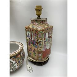 Chinese Famille Rose planter, decorated with panels of birds and peonies, on a floral gilt ground, together with a Chinese Famille Rose ceramic table lamp, decorated with figural panels amongst a floral ground, and a composite table lamp, modelled as a geisha, with cream fabric shade, tallest with shade H70cm