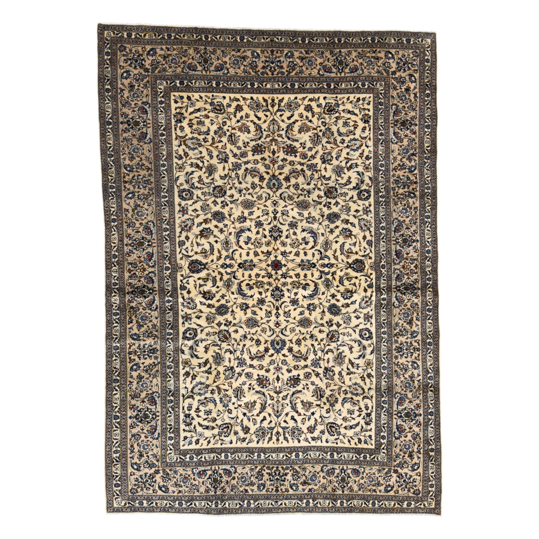 Central Persian Kashan hand-knotted carpet, ivory field with an all-over design of scrolling vines, lotus palmettes, and rosettes in shades of blue and brown within a blue ground border of palmettes and arabesques between multiple guard stripes, 
348 cm x 246cm
