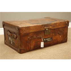  Early 20th century 'Finnigans, New Bond Street' brown leather travelling trunk, painted 'W.J Kinsey Romley', lined interior with removable tray, W87cm  