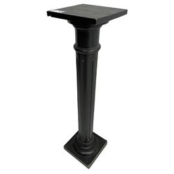 Early 20th century ebonised torchère or plant stand, square top on turned and fluted column, on square base 
