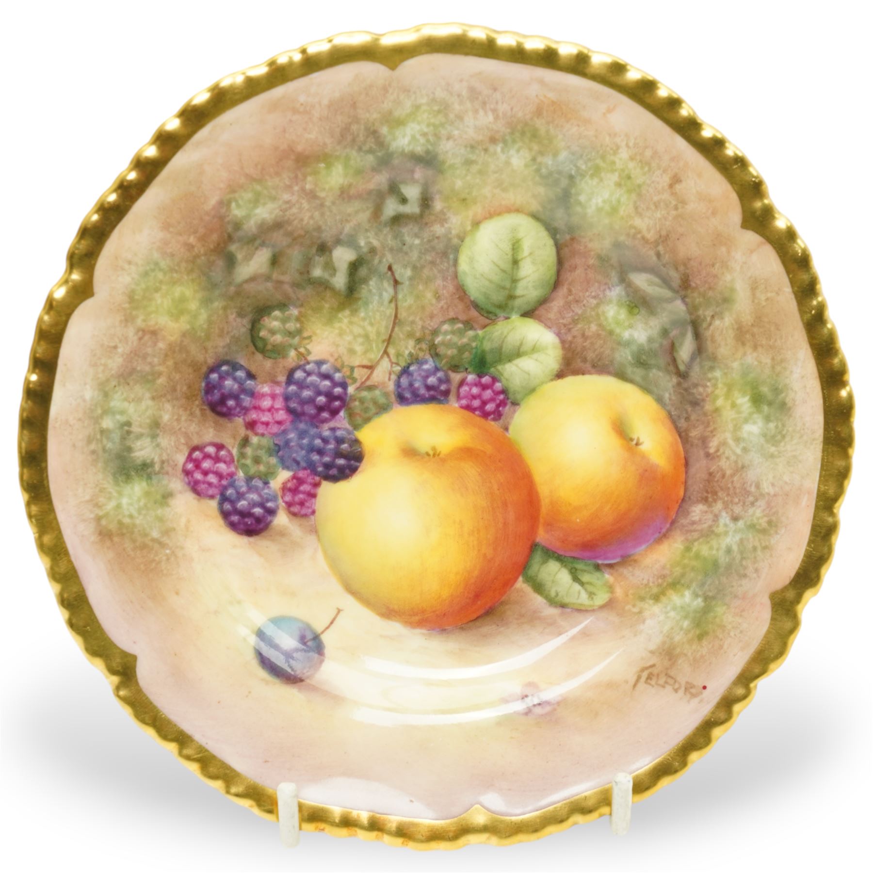 Royal Worcester porcelain cabinet plate by Alan Telford painted with apples and blackberries on a mossy bank within a gadrooned gilt border, signed Telford D15cm