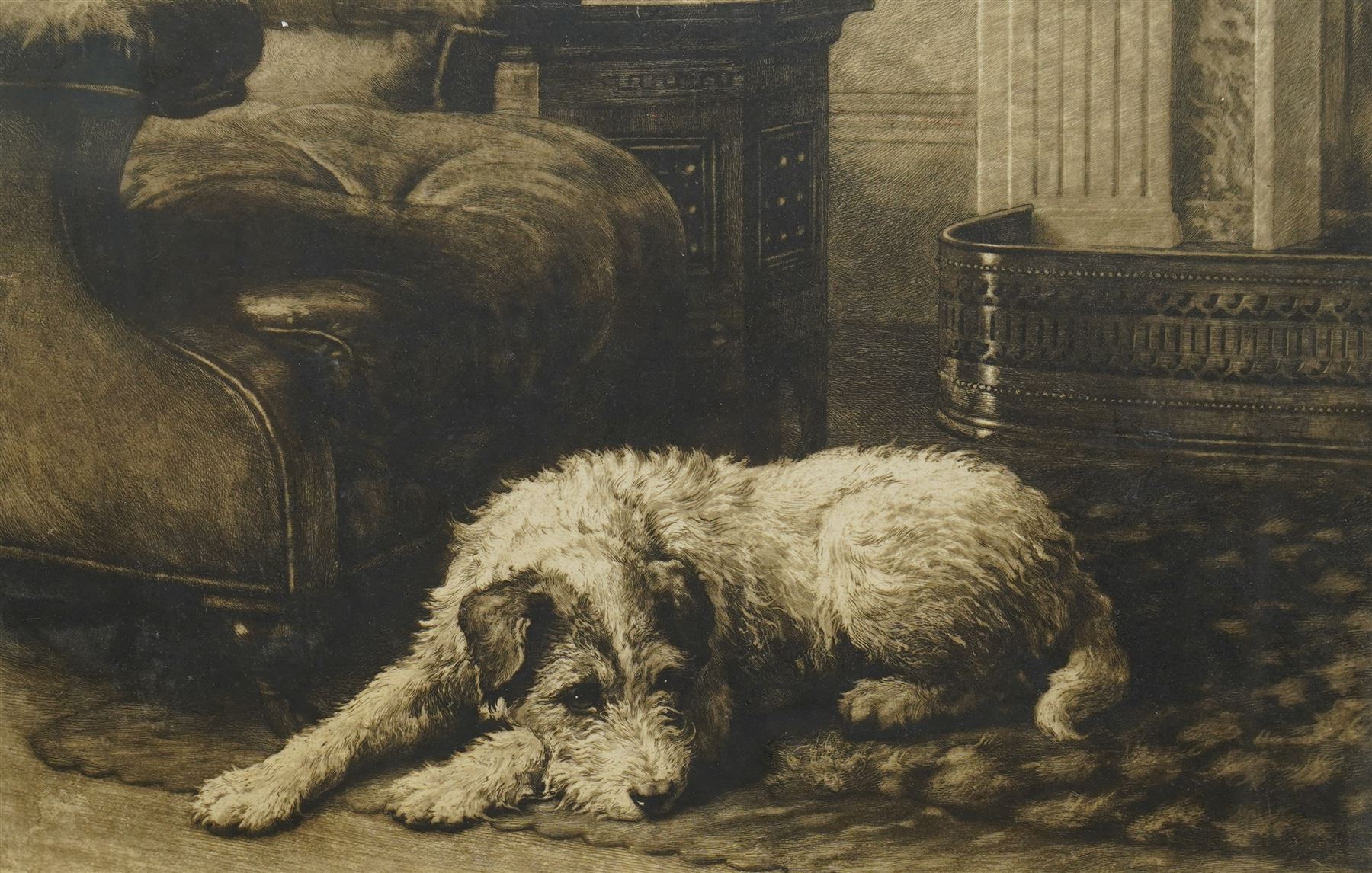 Herbert Thomas Dicksee (British 1862-1942): 'Where’s Master?', first edition artist's proof drypoint etching on vellum signed in pencil pub. Frost & Reed 1911, 39cm x 57cm
Notes: This etching depicts  King Edward VII’s favourite dog, Caesar; hence the etched tag in the margin inscribed 'I Belong to the King'. The Wire Fox Terrier waits for his master following the King’s death in 1910. 