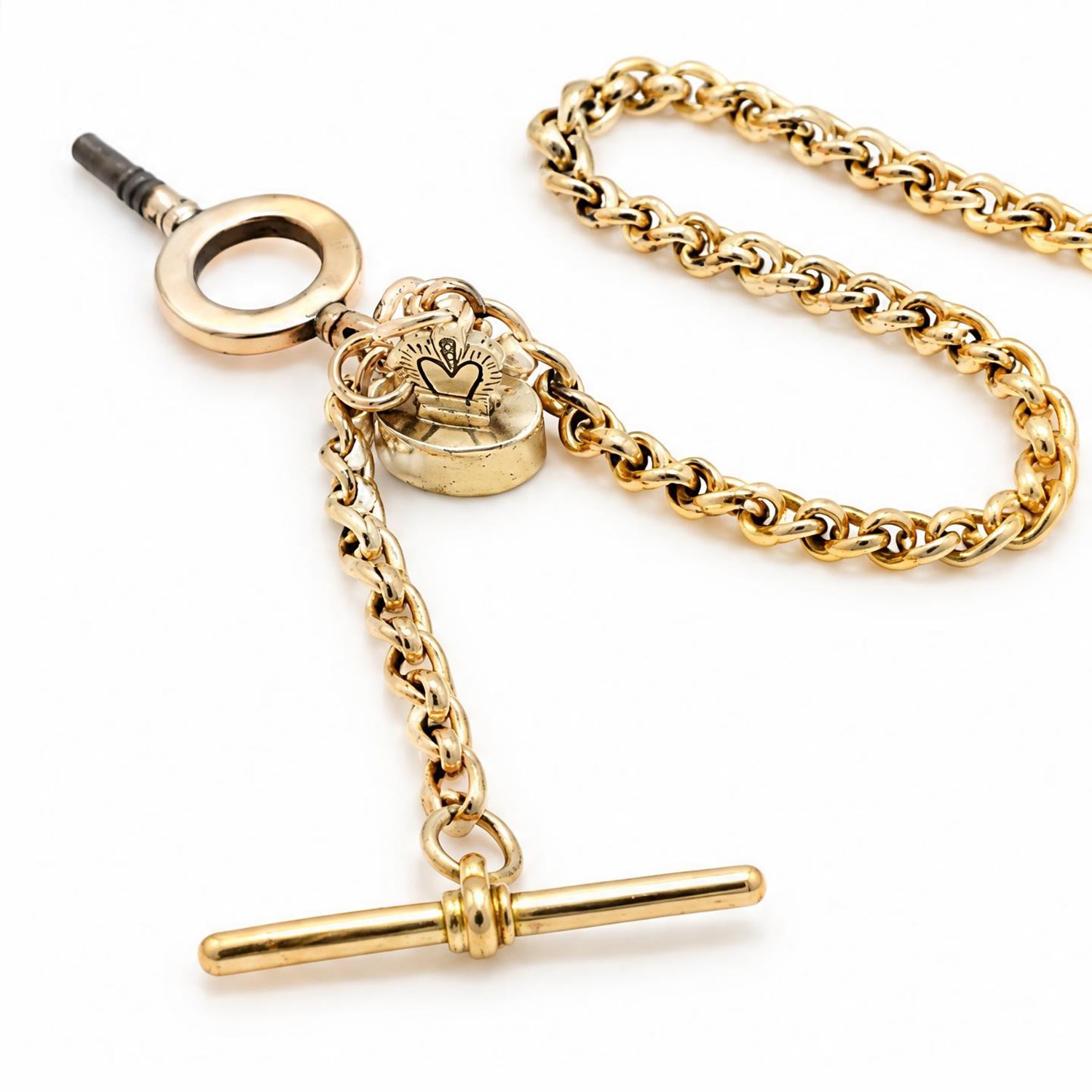 Early 20th century 9ct gold roller link Albert chain, with a bloodstone intaglio engraved with the initials RD and a gold capped key