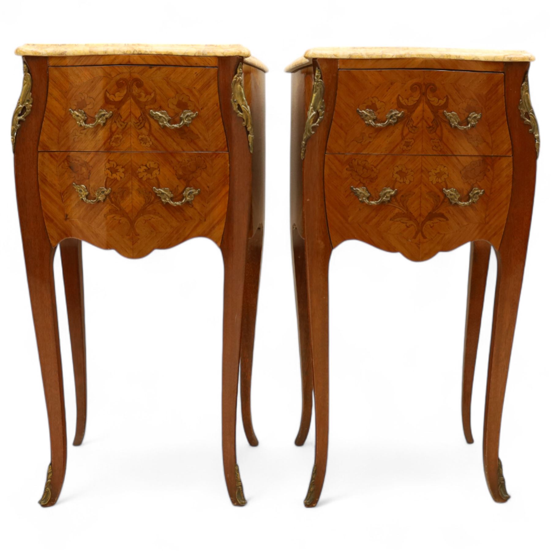 Pair of Louis XV style kingwood and marquetry bedside cabinets, the serpentine sienna marble top above two bombe fronted drawers with rococo style bronze handles and masks on slender cabriole legs terminating in bronze sabots  