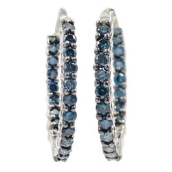 Pair of 9ct white gold blue diamond hoop earrings, hallmarked