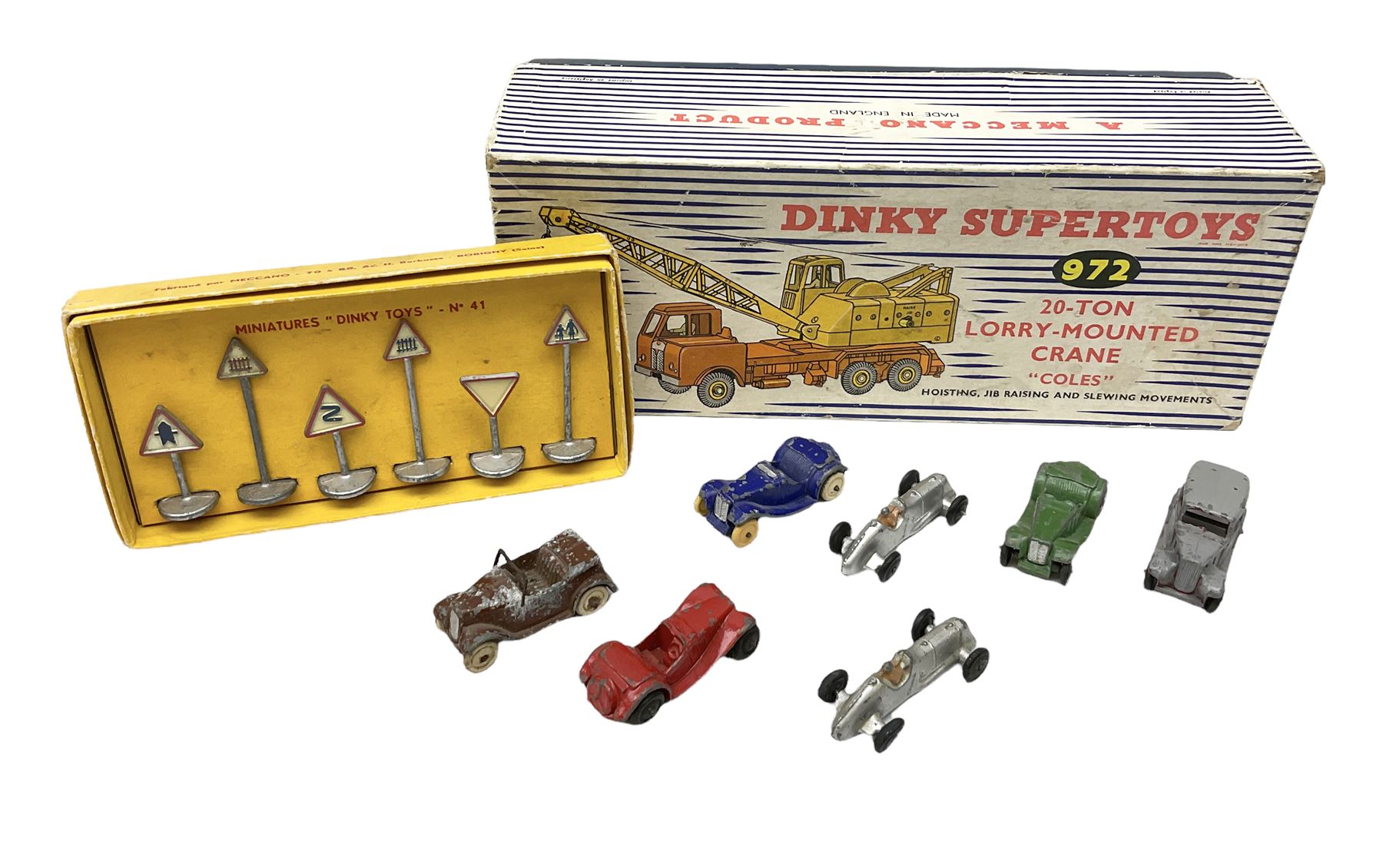 Dinky - Supertoys 20-Ton Lorry mounted Crane 'Coles' No.972; boxed; French made Miniature Road Sign Set No.41; boxed; and seven unboxed small die-cast models (9)