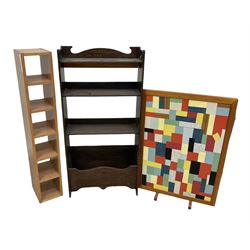 Stained wood bookcase with magazine rack beneath, together with CD shelf unit and fire screen, largest H106cm