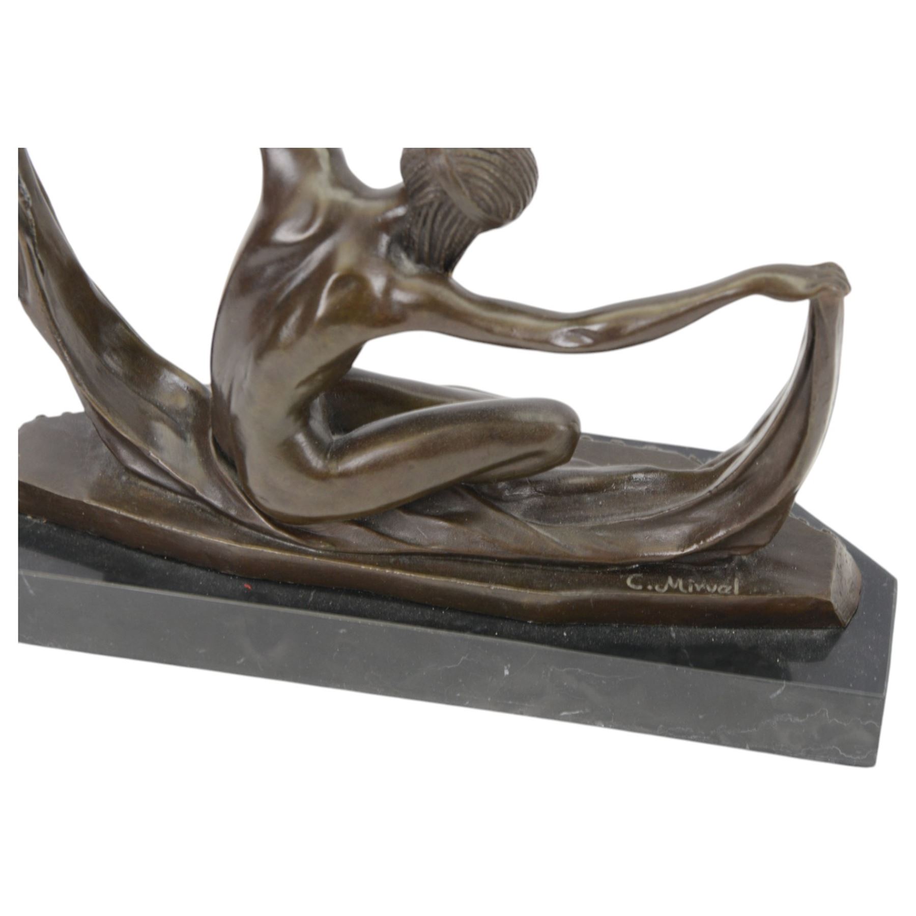 Art Deco style bronze figure of an Egyptian female after Claude Mirval, with signature to base, upon a black marble plinth, H23cm