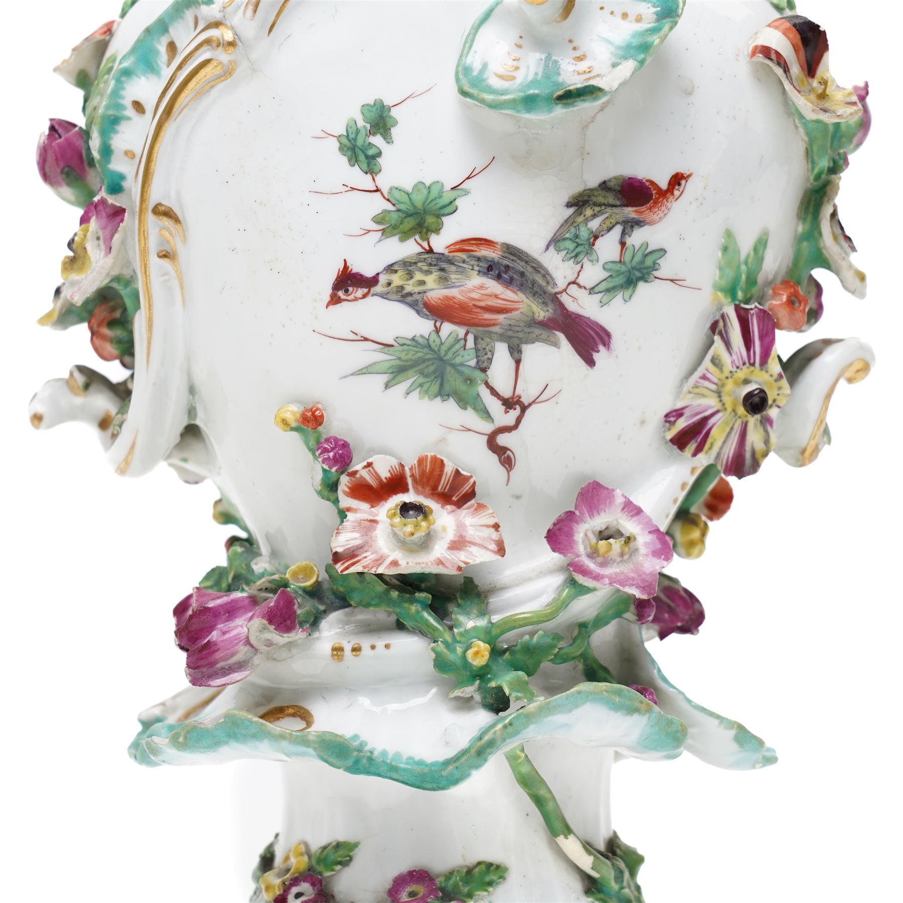 *18th century Chelsea porcelain vase, c1756-1759, with moulded floral decoration, with reserve panels of birds, gold anchor mark to base, H21cm; together with a pair of Sampson figures in Chelsea style, modelled as two female figures holding a peacock and corn, H22, and one further pair of Sampson figures, H17cm (5)From the Kirkham Hall Attic & Cellar Collection, sold without reserve