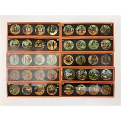 Ten Primus magic lantern slides of butterflied and fish, together with ten GNB magic lantern slides depicting stories of childhood,   