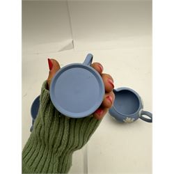 Wedgwood Jasperware tea and coffee wares, comprising teapot, coffee pot, milk jug, covered sucrier, coffee can and saucer and teacup and saucer 