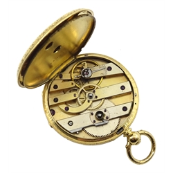Continental 18ct gold ladies pocket watch, key wound stamped 18K, in velvet and silk lined case