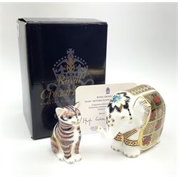 Two Royal Crown Derby paperweights, comprising Elephant decorated in the Imari 1128 pattern, with silver stopper, and a seated Kitten, with gold stopper, plus Crown Derby box. 