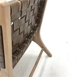  Hardwood framed easy chair, lattice leather work splat and seat, W62cm  