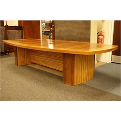  Large walnut and zebra wood boardroom conference table, on contemporary curved end supports, 153cm x 350cm, H73cm  