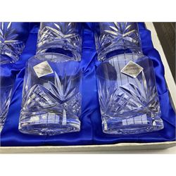Set of six Edinburgh Crystal 'Continental' glass tumblers with original box, along with three boxed pairs of matching wine glasses and further boxed set of Cathedral Crystal glasses