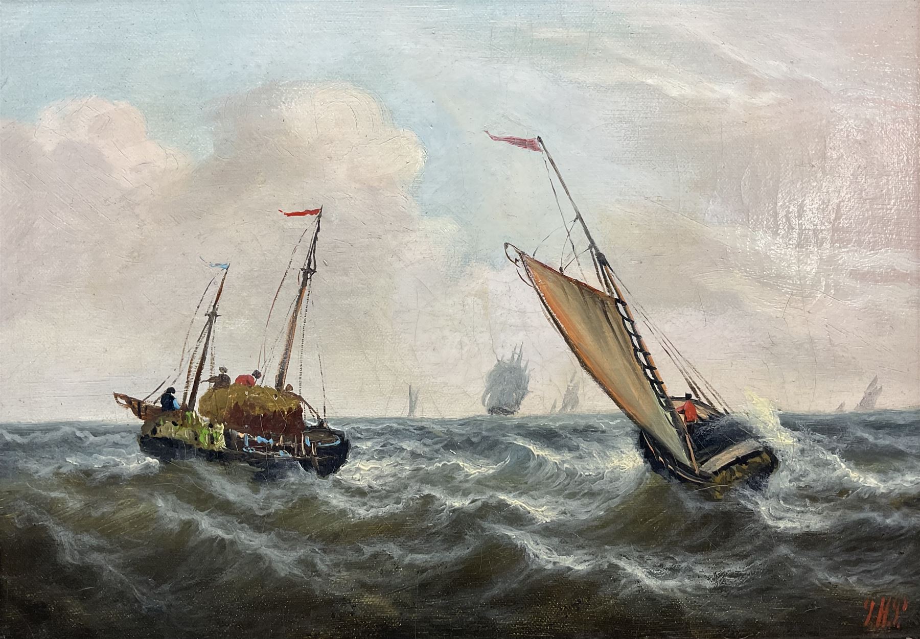 Dutch School (19th/20th Century): Ships Caught in a Storm, oil on canvas indistinctly signed with initials *HP 24cm x 34cm