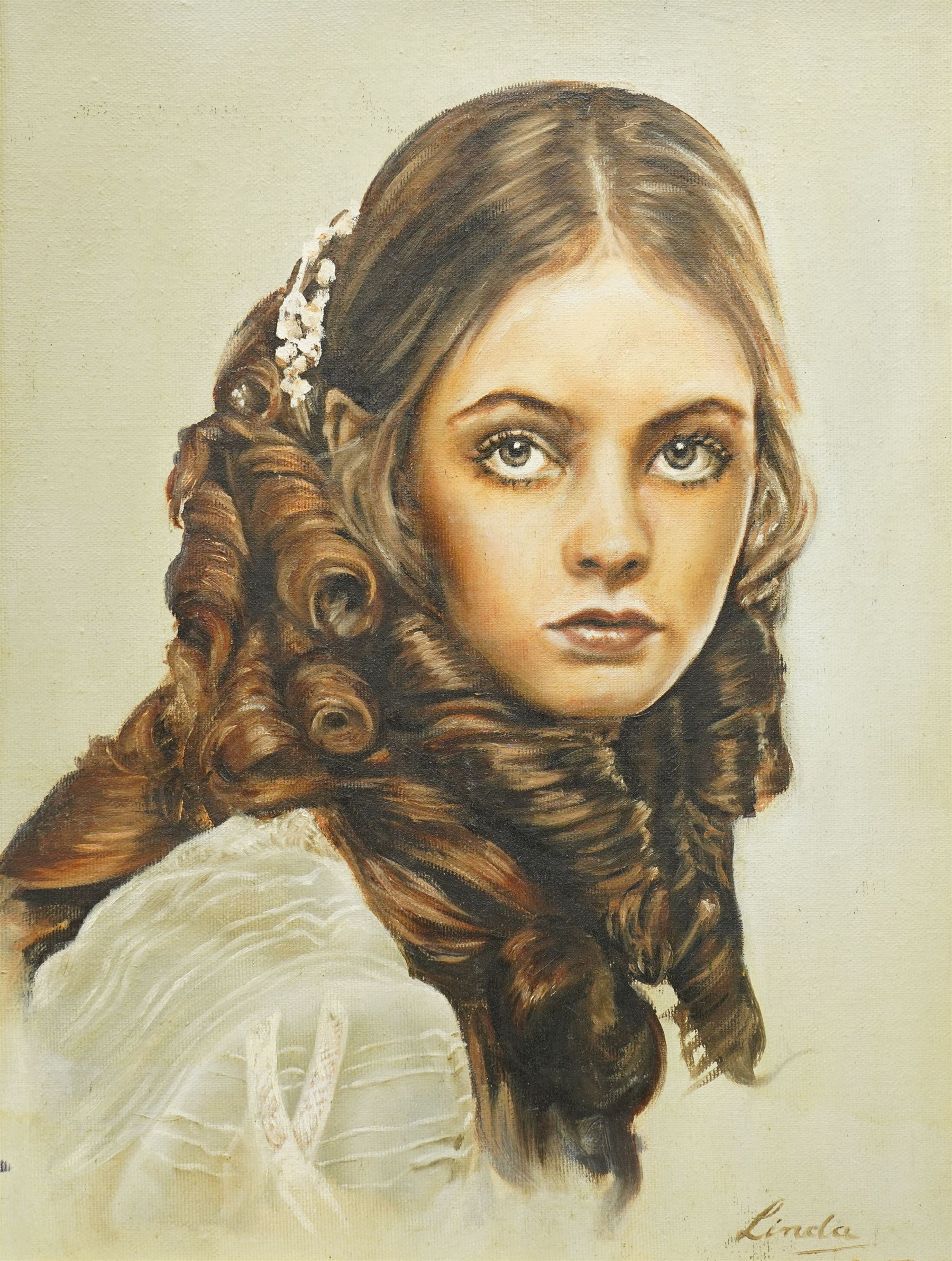 American School (Mid-20th century): Portrait of Girl, oil on canvas inscribed 'Linda' and dated 1973, 40cm x 30cm