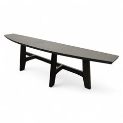 Contemporary black ash finish engineered wood hall table, with bow front top raised on a trestle style base 