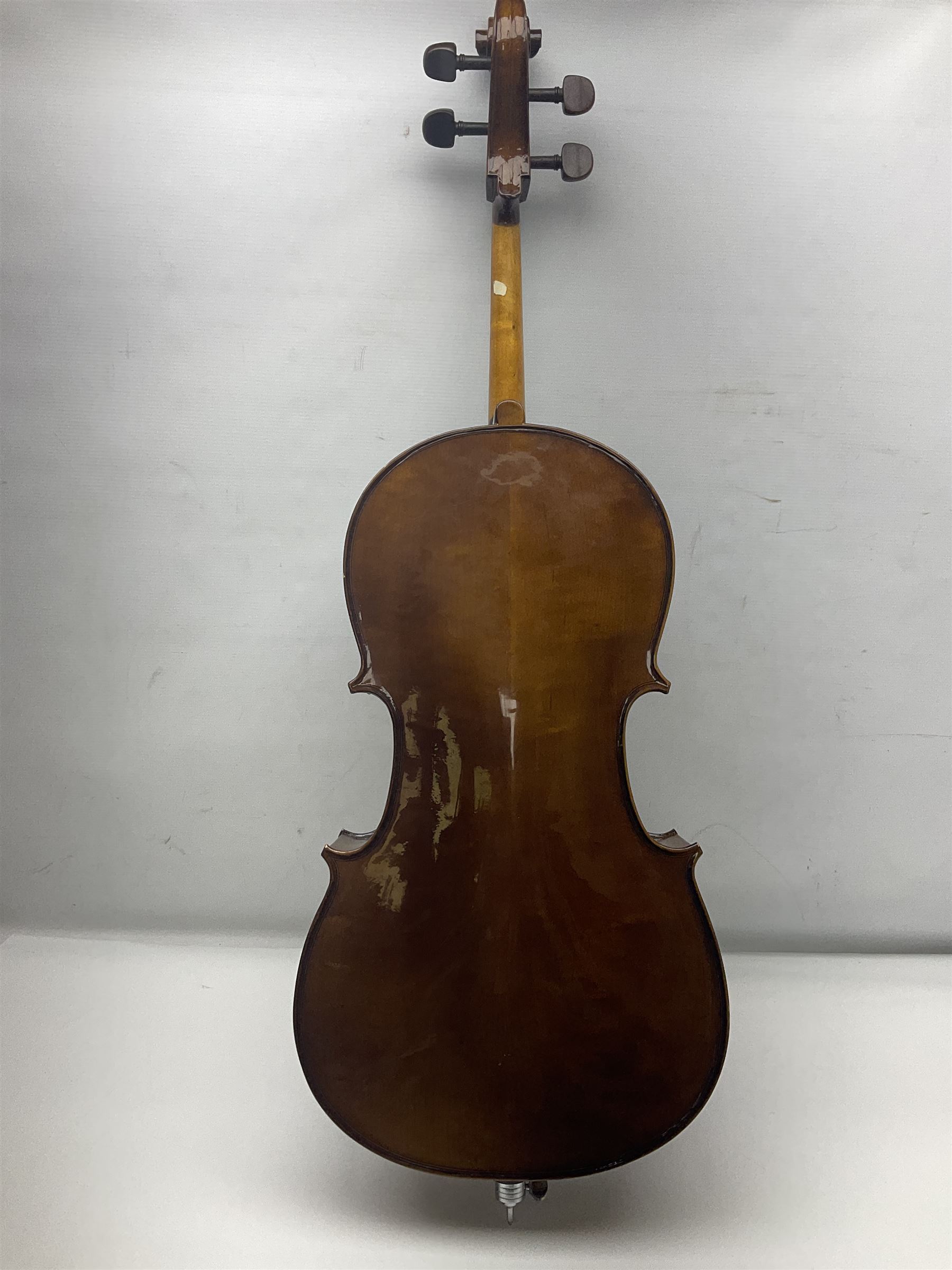 Stentor Student I quarter-size cello with 59.5cm two-piece maple back and ribs and spruce top; bears maker's label with serial no.M076096 L95.5cm overall; in Stentor soft carrying case with bow
