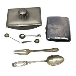 Modern silver mounted blotter, with engine turned decoration, hallmarked Birmingham 1991, small group of silver flatware, and a silver plated cigarette case, approximate weighable silver 71.5 grams