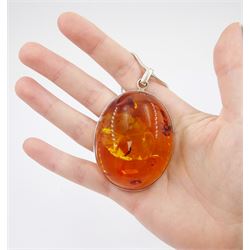 large silver oval Baltic amber pendant necklace, hallmarked