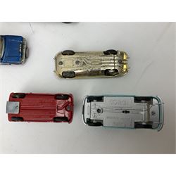 Corgi - thirty unboxed and playworn/repainted die-cast cars including Triumph Herald Coupe, BMC Mini-Cooper 'S', Porsche Carrera, two 'E' Type Jaguars, Rover 2000TC, three Morris Minors, two Aston Martin DB4, two Volvo P1800, MGA, Fiat 2100, Jaguar 2.4 Litre, Jaguar Mark X Saloon etc (30)