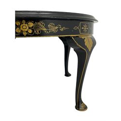 Early 20th century Chinoiserie lacquered circular occasional table, raised gilt decoration depicting traditional landscape scenes, on cabriole supports
