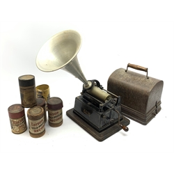  Early 20th century Edison Gem phonograph, the reproducer marked Model-C, with lift-off oak cover, Serial No.G204826, last patent date 1903, with white metal horn, W25cm, and six cylinders/boxes  