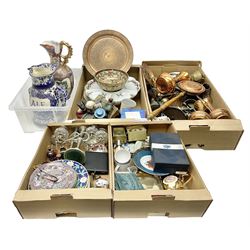 Collection of metal ware, to include candelabras, copper jugs, candlesticks and other collectables, in five boxes  